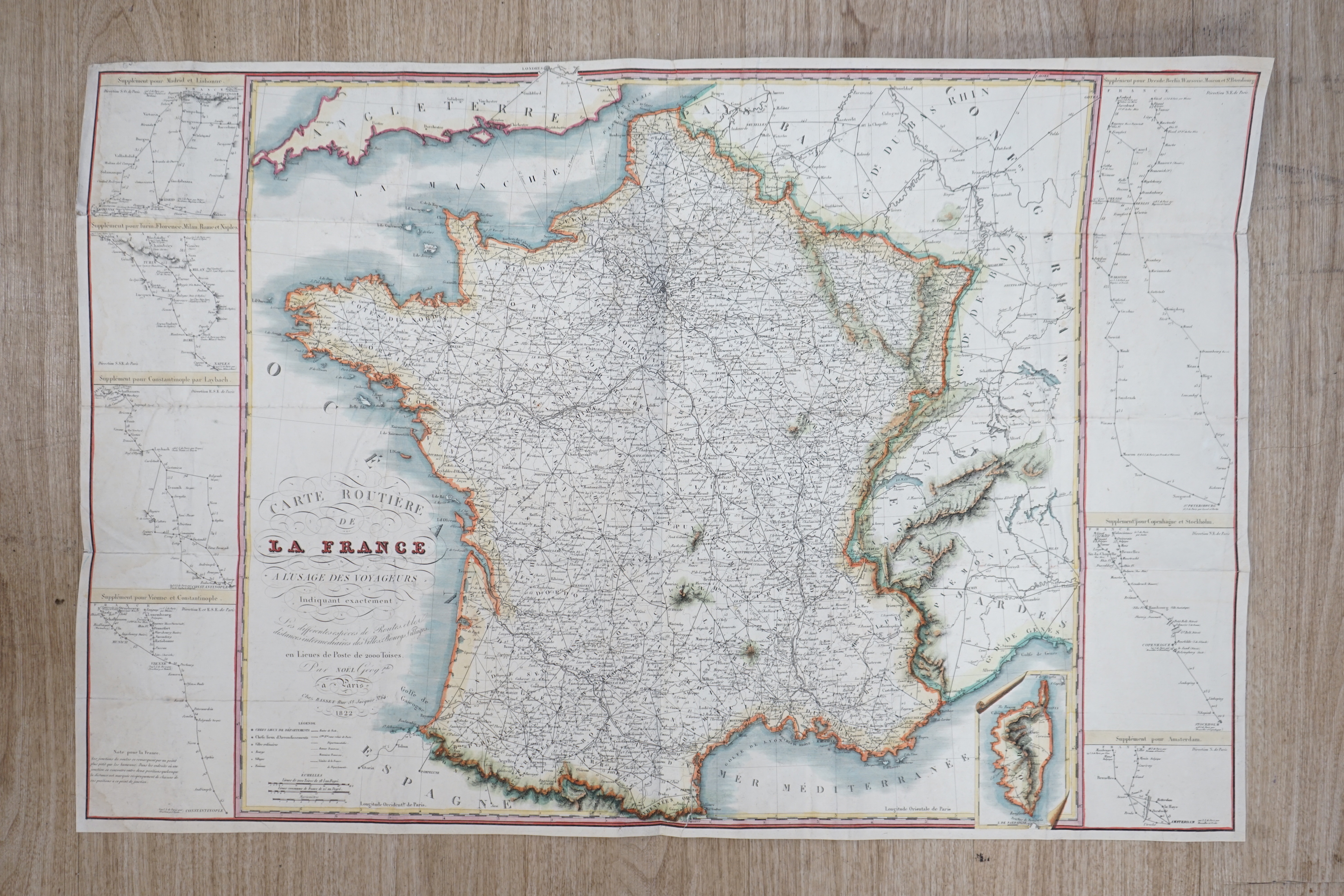 Andre Basset (French, 19th. C), Carte Routiere de la France, hand coloured map, sold by Basset, Roue St. Jacques, 1822, unframed, 62 x 93cm